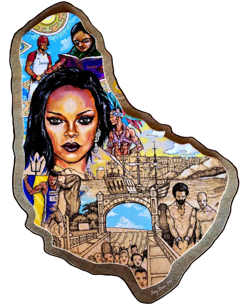 Waves of the People, mixed-media artwork on an irregular Barbados-shaped wood panel by Kerry Mark Green