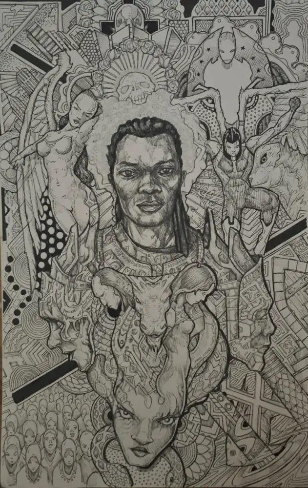 Dense black-and-white ink drawing built around a central portrait and ancestral figures