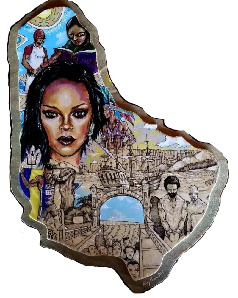 Mixed-media artwork on wood combining a central portrait with scenes of Barbados and history