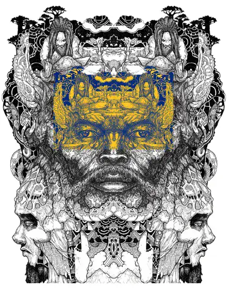 Mirrored black-and-white portrait with an intricate blue and gold central band