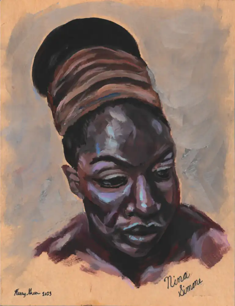 Painted portrait of Nina Simone in warm peach, gray, and violet tones