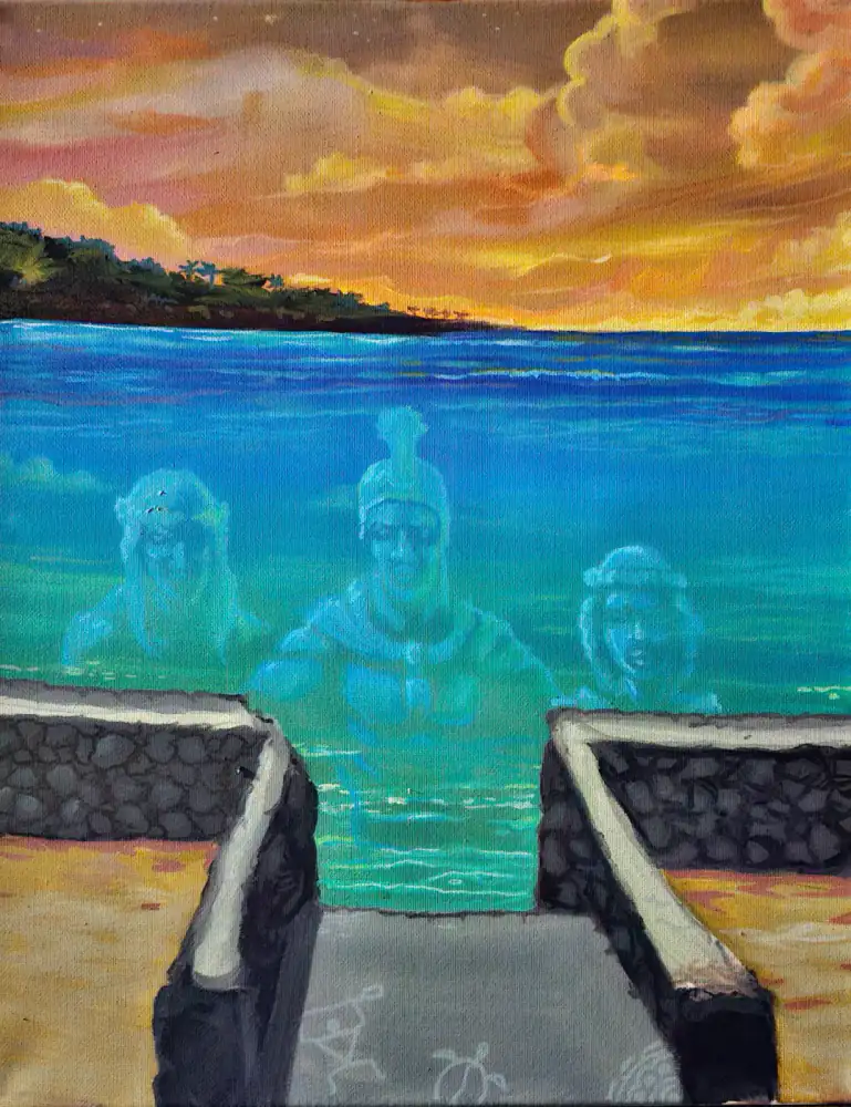 Painting of translucent ancestral figures rising from turquoise water at sunset