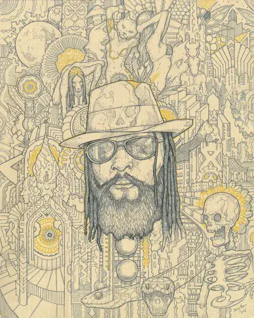 Intricate gold and ink self-portrait surrounded by architectural and symbolic forms