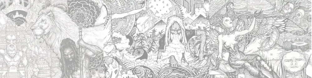 Wide monochrome drawing filled with figures and symbolic forms